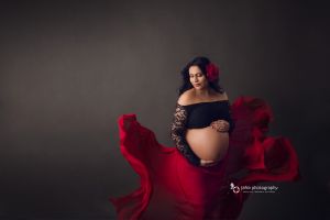 Vancouver maternity photography - red gown - fabric flowing