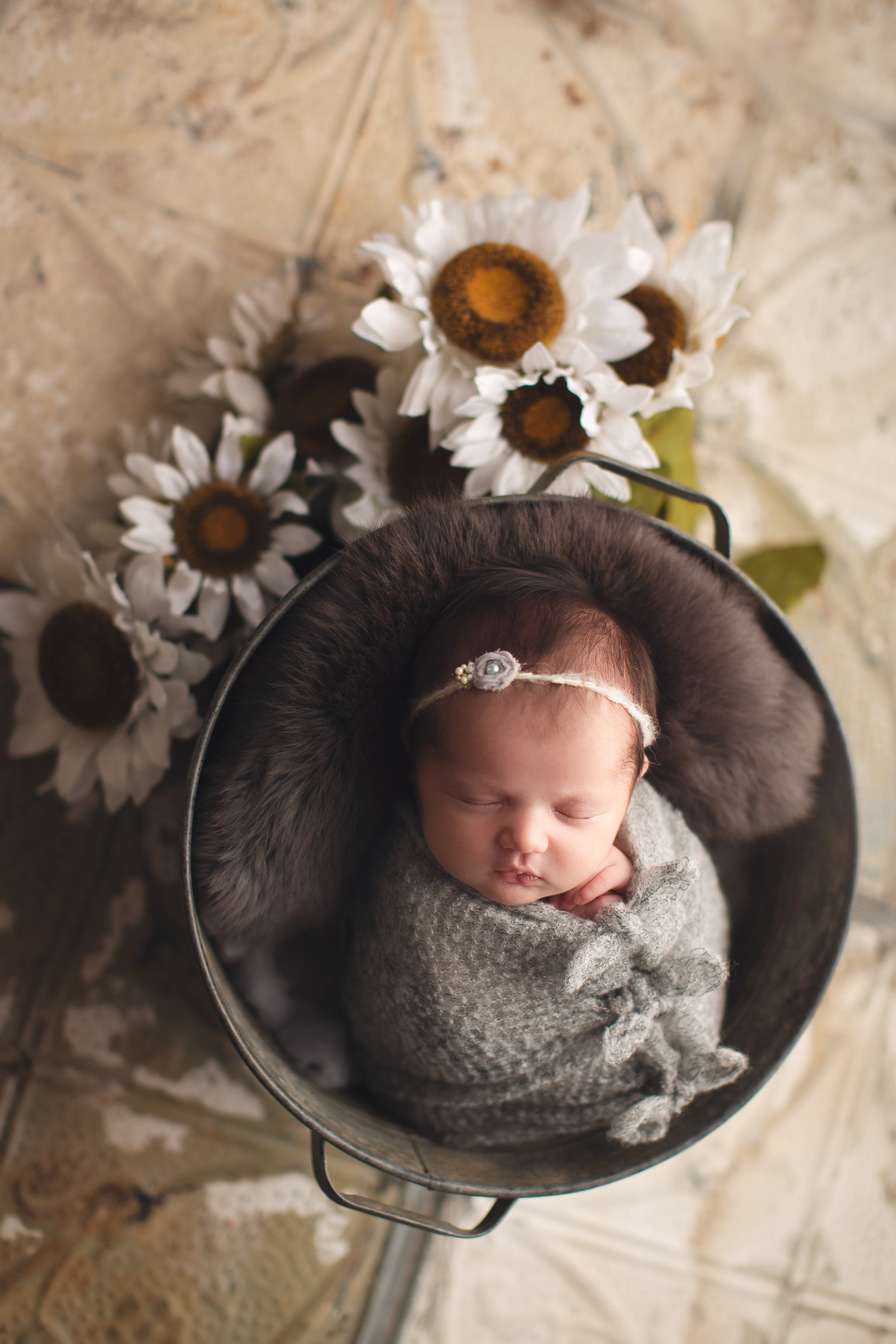 newborn photography Stephanie- grey and white flower setup