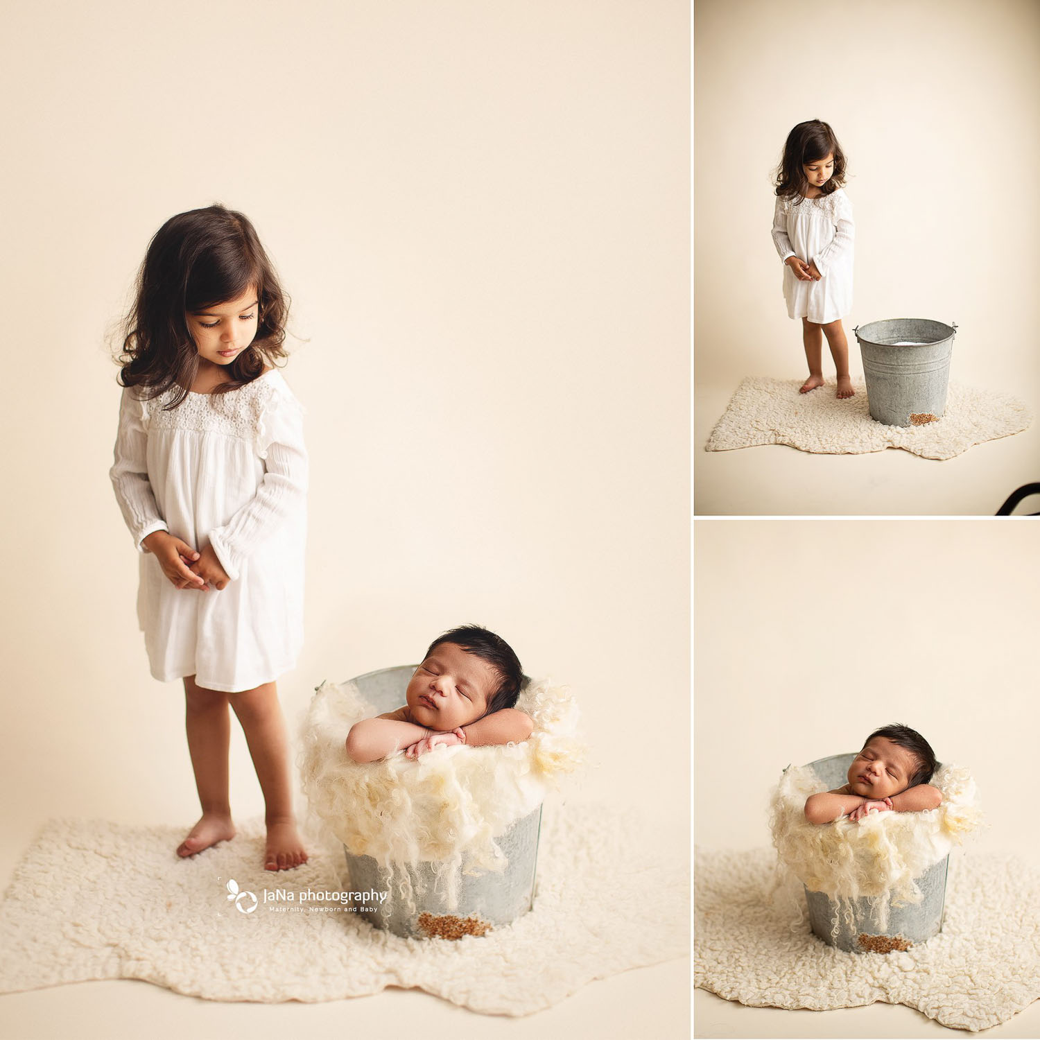 newborn photography in a bucket with sibling - photoshop - safety