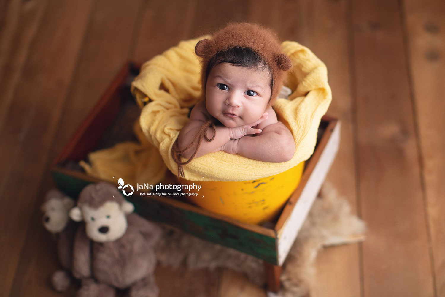 open eyes newborn baby boy in a yellow bucket - jana photography Vancouver bc