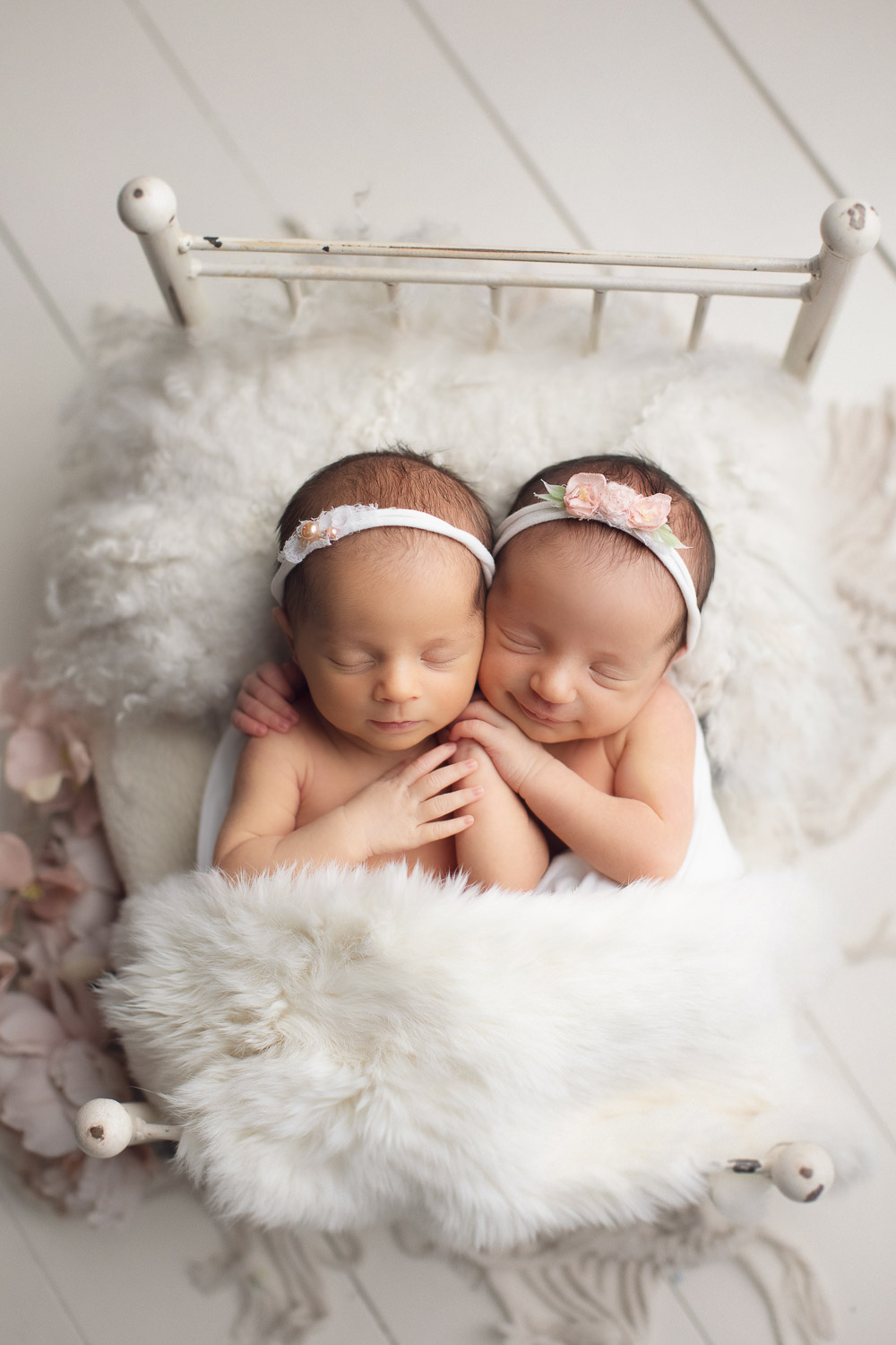 maternity and newborn photography burnaby - twins in white bed
