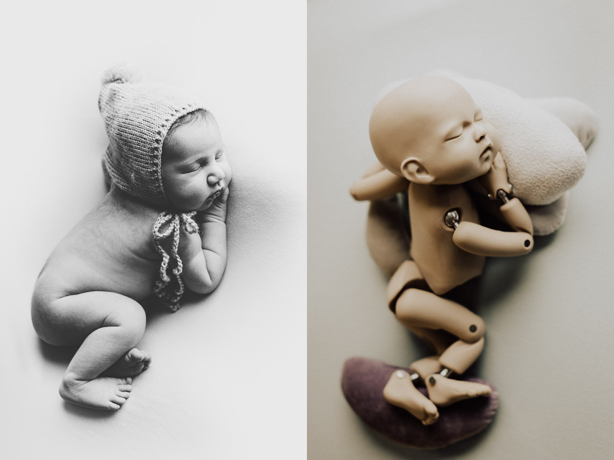 how pose a newborn baby on bean bag with doll