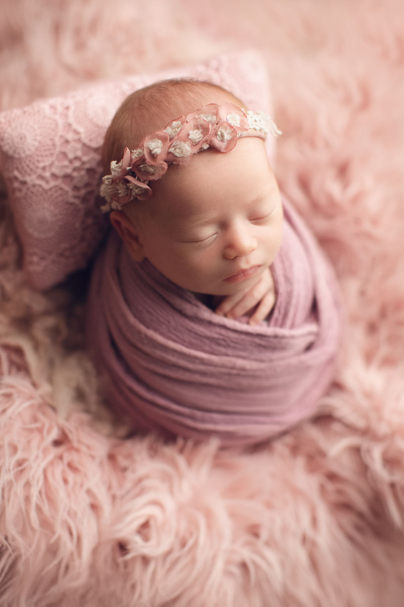 newborn photography in pink wrap