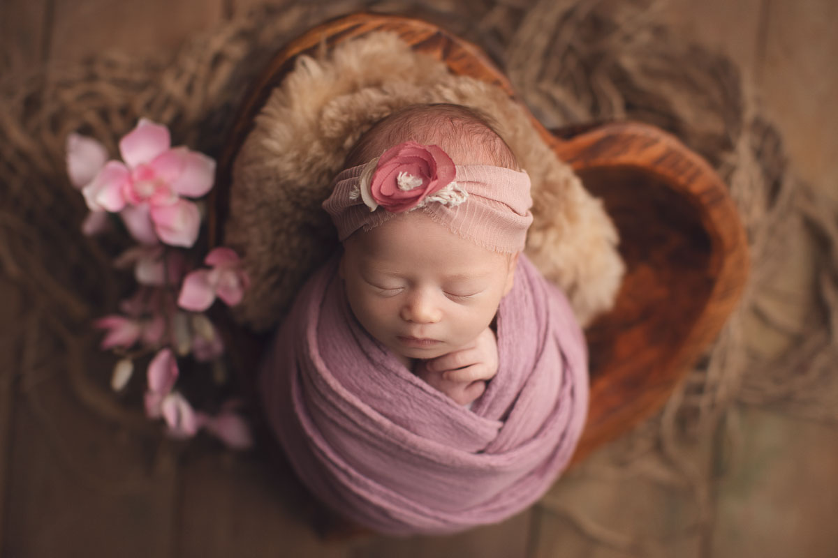 newborn photography - pink and brown setup with flower