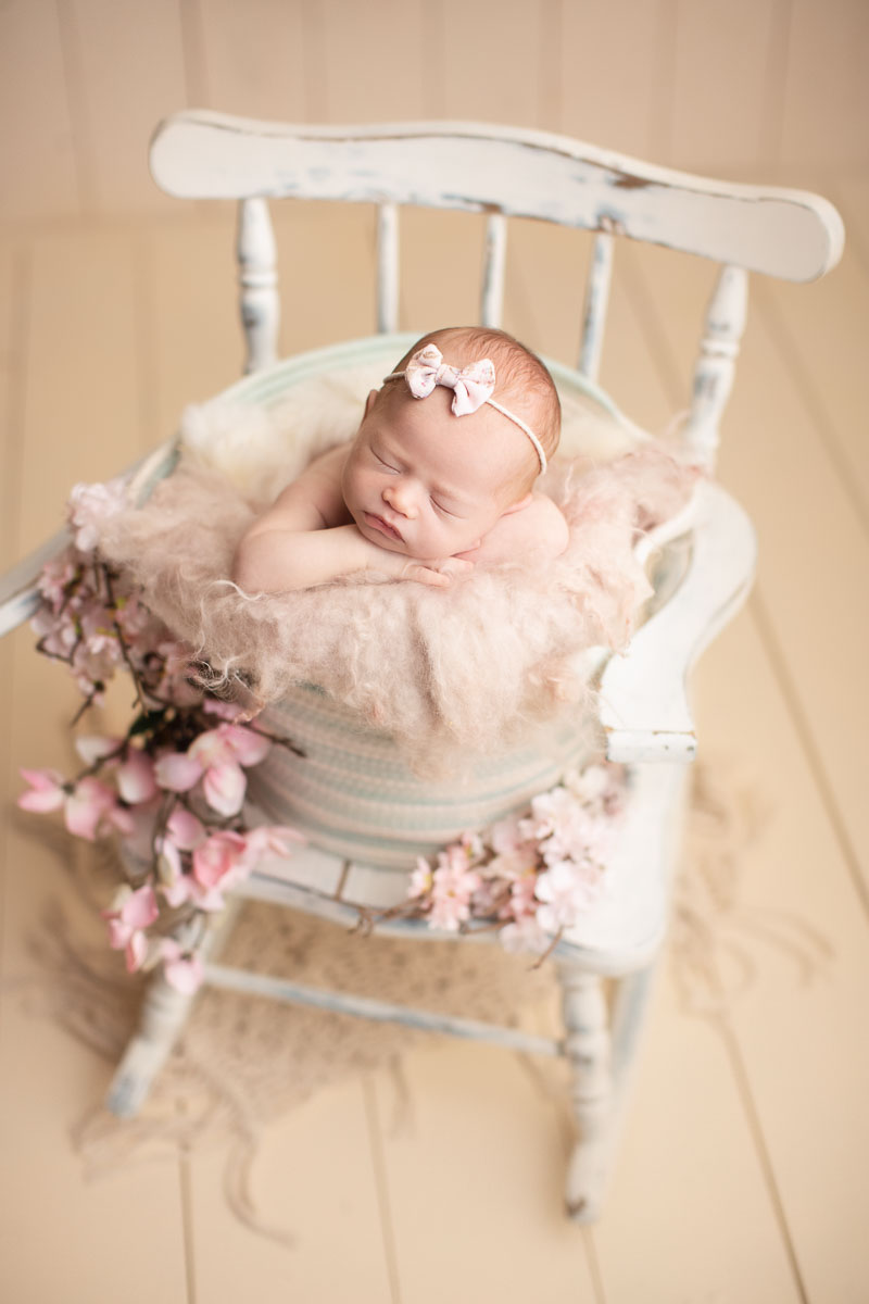 newborn baby girl in a bucket with flower