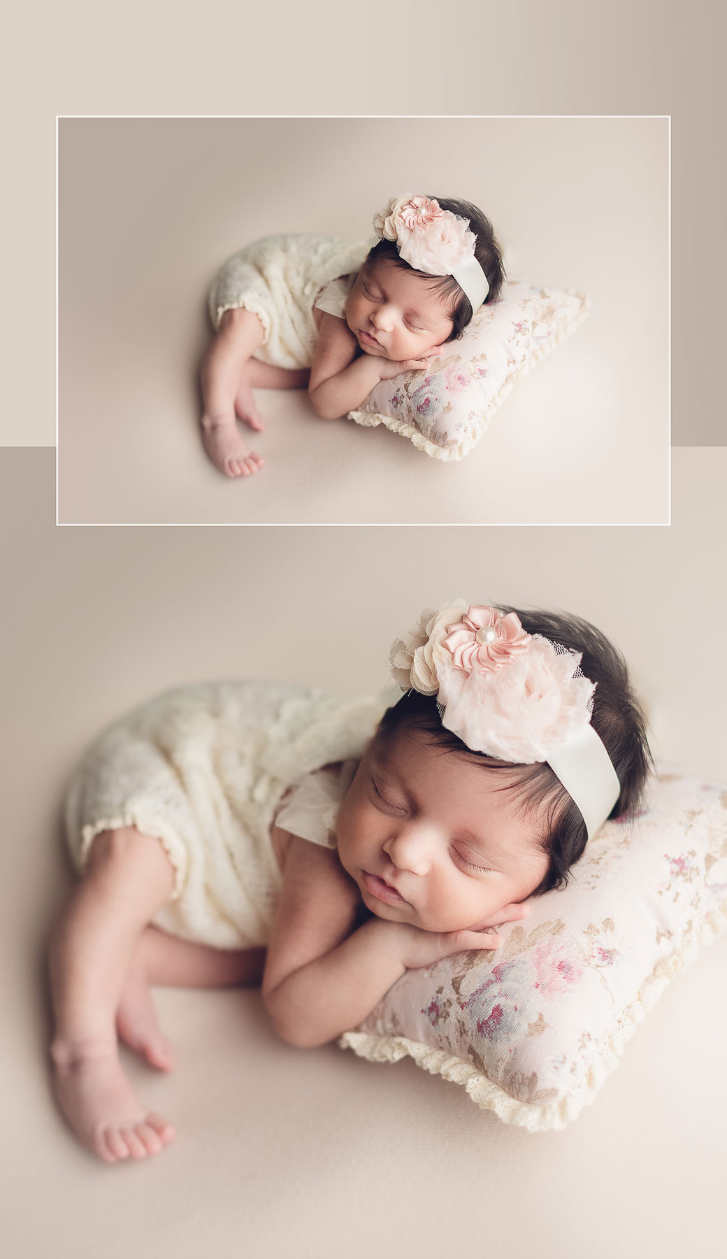 newborn photography - vancouver - surrey and burnaby - baby girl sleeping in white and cream background