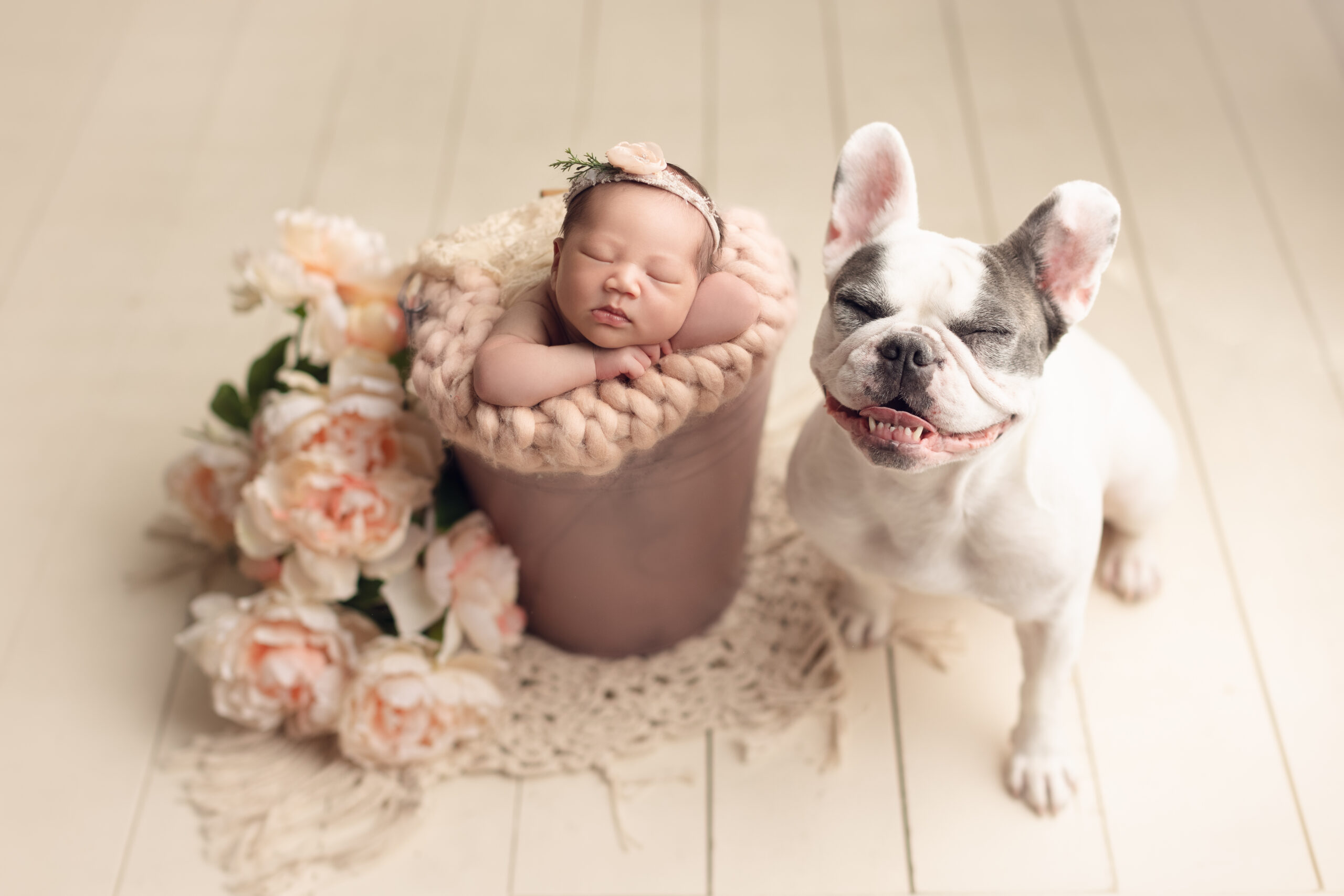 newborn photography with dog - smiling