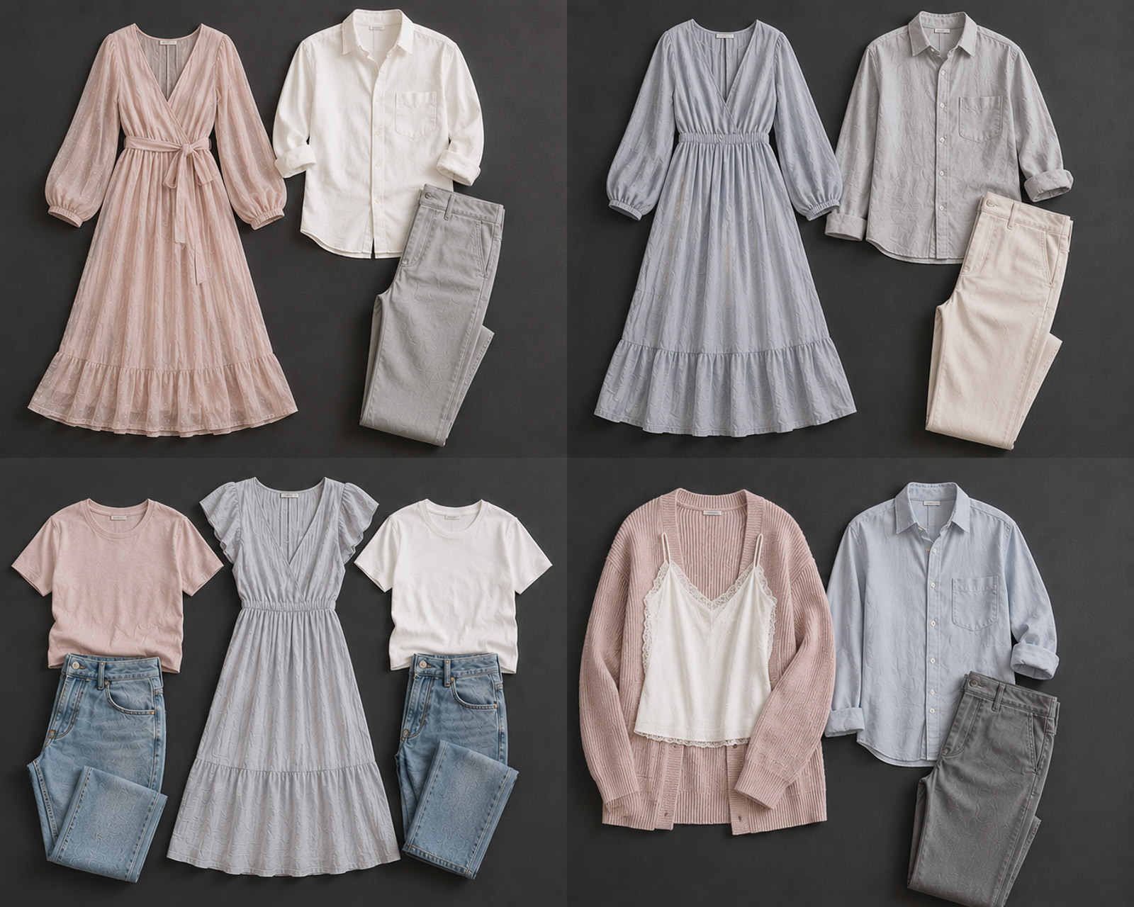 Blush and grey coordinated family outfit ideas for newborn photography session on dark background