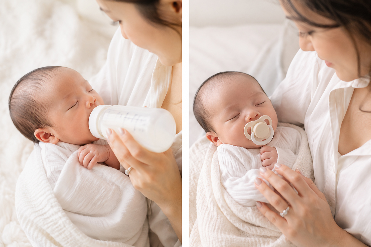 Mother bottle-feeding and soothing newborn with pacifier before Vancouver newborn photography session