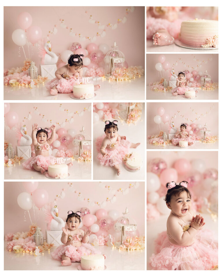 Smiling baby girl in pink tutu during first birthday cake smash photography session in Vancouver