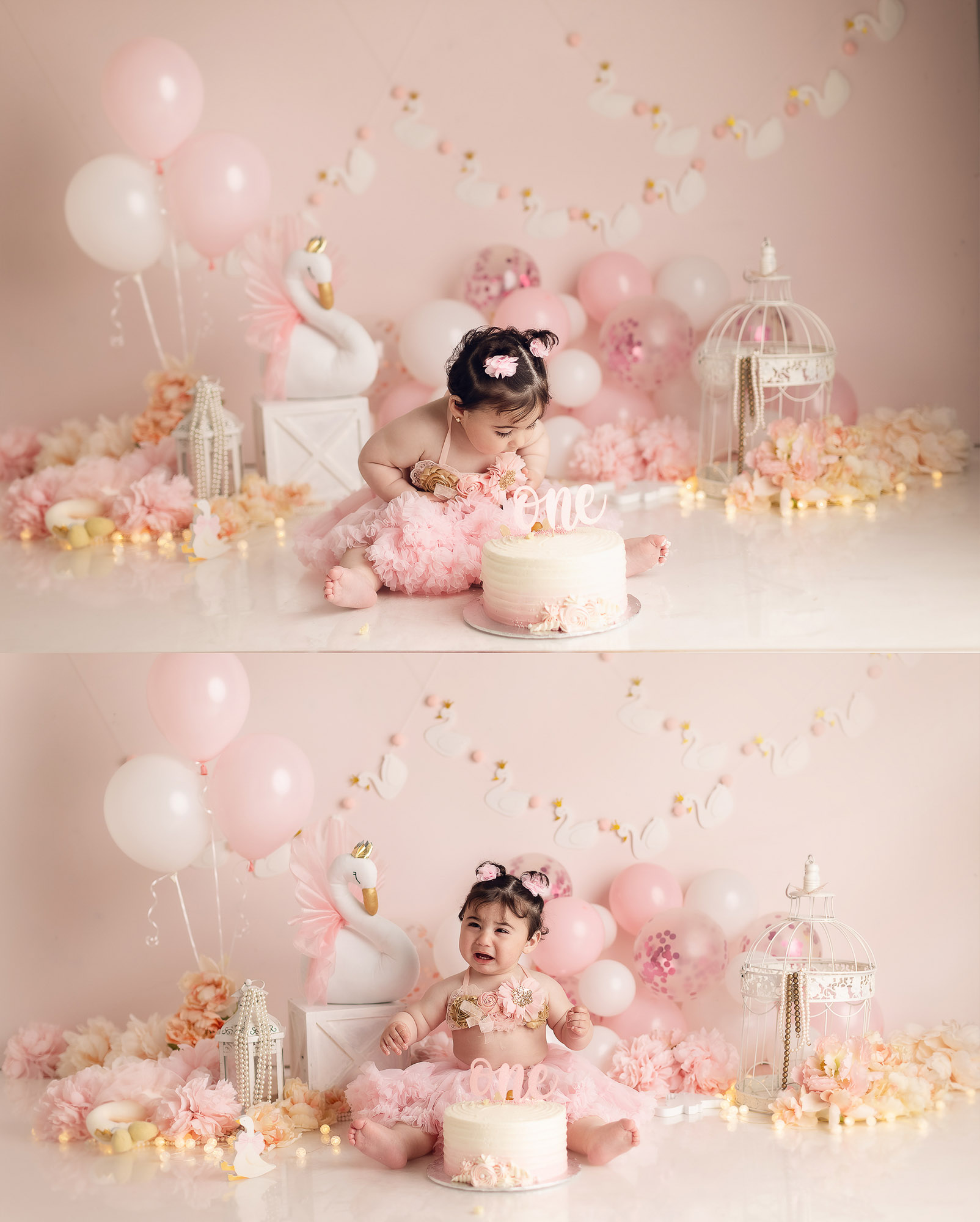 Baby girl sitting with birthday cake surrounded by pink balloons and swan decorations during Vancouver cake smash session